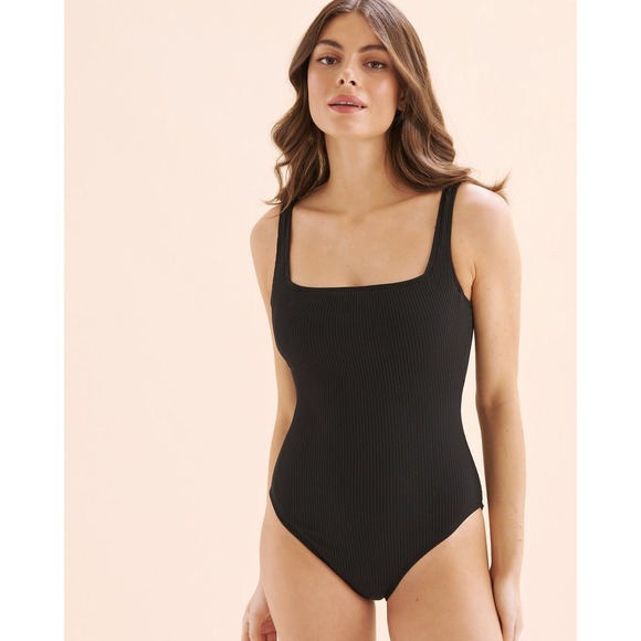 NWT BLEU Walk The Line Square Neck One-Piece Swimsuit Size 8 Black Ribbed Beach